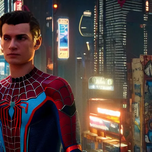 Image similar to a film portrait still of spider - man from a gritty cyberpunk 2 0 7 7. realism, cinematic lighting, highly detailed spider - man, 4 k. 8 mm. grainy. panavision.