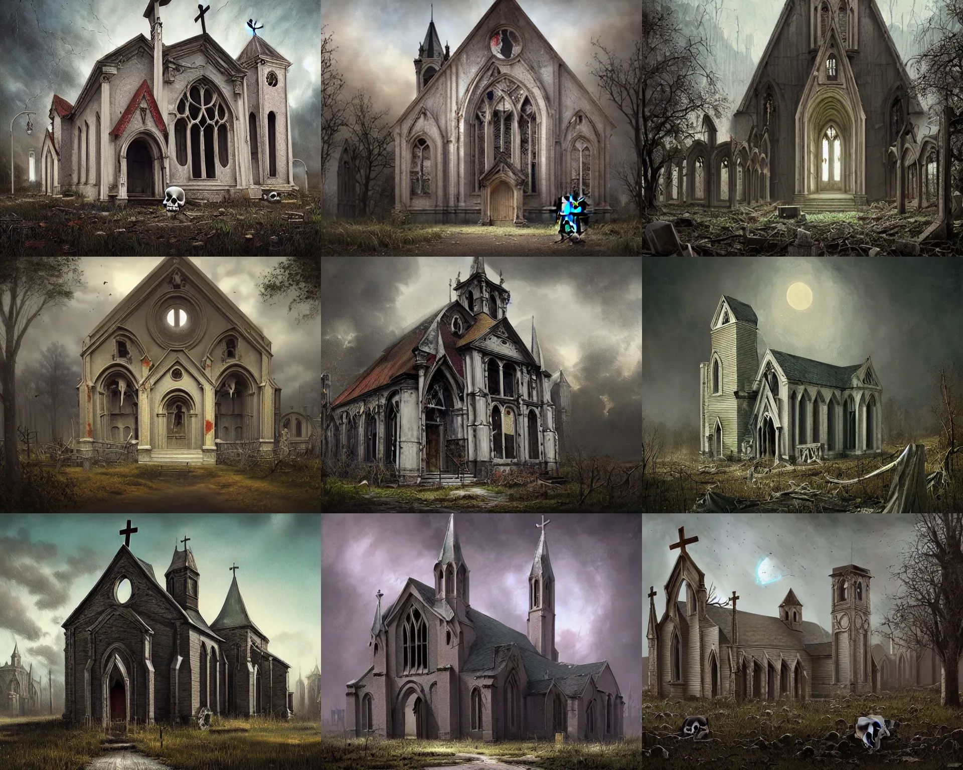 Prompt: a painting of a creepy abandoned church with a skulls on it, a matte painting by chris labrooy, trending on artstation, gothic art, anime aesthetic, apocalypse art, official art
