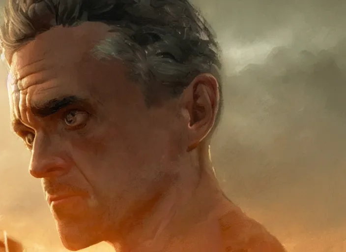 Prompt: close up cinematic artwork of Jordan Peterson staring down the enemy on the battlefield by Greg Rutkowski, 4k, masterpiece