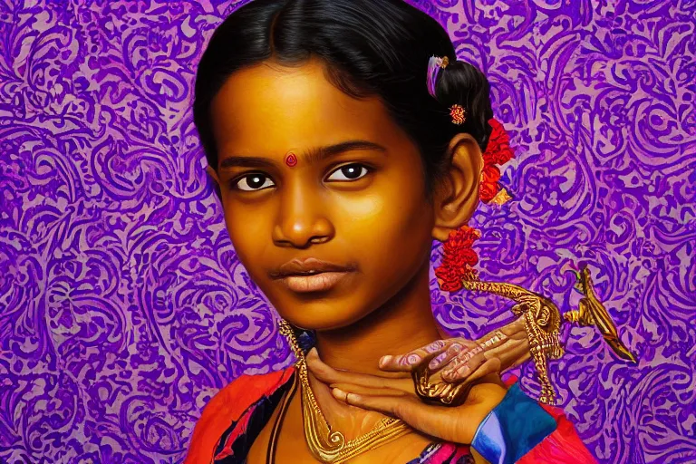 Prompt: a happy sri lankan girl pirate with iridescent skin by kehinde wiley