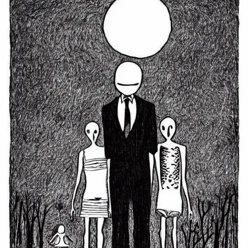 Prompt: “slenderman standing over a girl on a slide, style of Edward Gorey”