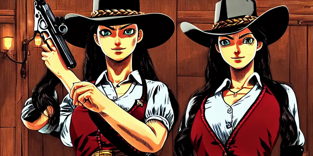 Image similar to complexity, detailed ultra sharp, beautiful woman sheriff, global lighting, theme western saloon, booze, revolver, cigars, sheriff sitting in saloon, fibonacci eyes, red dead redemption game, detailed faces, clean face, yoshihiro togashi style.