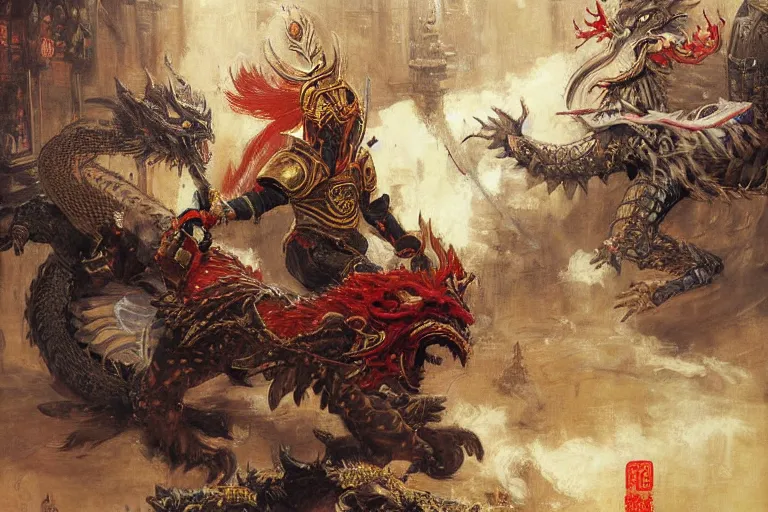Image similar to monkey king medieval chines armor fighting dragon in tokyo city by gaston bussiere