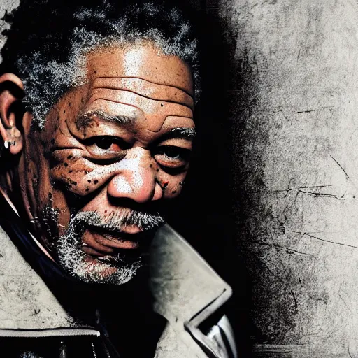 Prompt: photo of Morgan Freeman dressed as Negan, black leather jacket, mischievous look with his barbed baseball bat Lucille on his shoulder, in the style of Peter Lindbergh, white fog, octane render