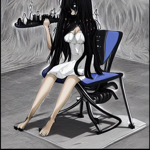 Image similar to beautiful anime girl with long hair, fight against the chair inspired by h. r. giger in extremely dangerous fight, anime style