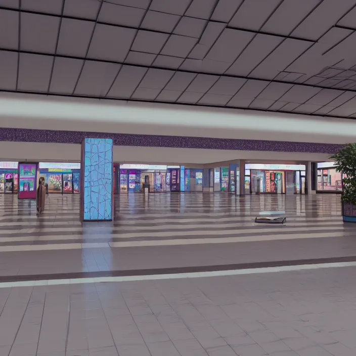 Image similar to vaporwave 8 0 s dreamy empty empty shopping mall, highly detailed, 3 d render, vray, octane, realistic lighting, photorealistic