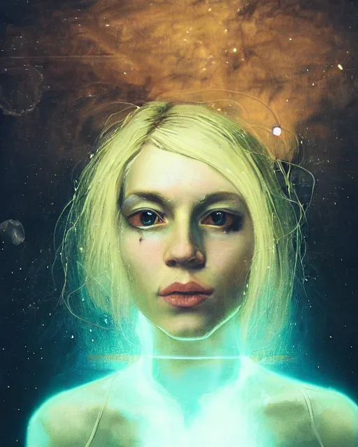 Image similar to a beautiful and eerie baroque painting of a gorgeous young woman in dead space, with wild blonde hair and haunted eyes, 1 9 7 0 s, space station, neon light showing injuries, delicate ex embellishments, painterly, offset printing technique