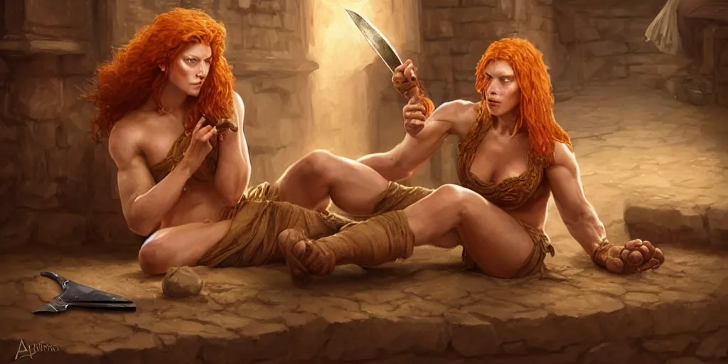 Prompt: ginger woman with problems, sitting and drinking in an ancien tavern and playing with a knife, attractive, warrior, strong body, action pose, ancient, sand, emerald, intricate, highly detailed, digital painting, artstation, concept art, smooth, sharp focus, illustration, Unreal Engine 5, 8K, art by artgerm and greg rutkowski and alphonse mucha