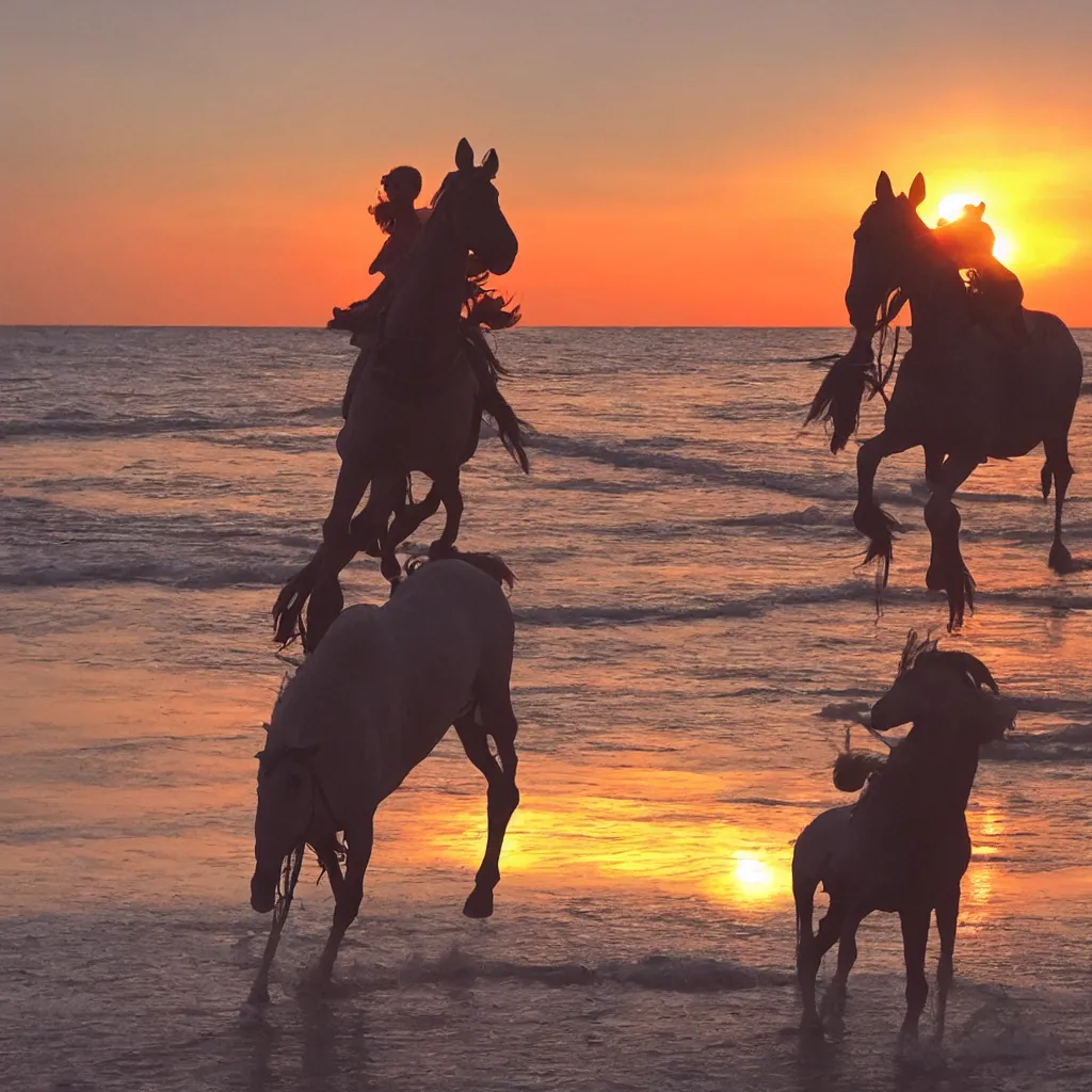 Prompt: Emin Gün Sirer riding a red horse in a white beach, sun sets, dramatic lighting, heroic exposure