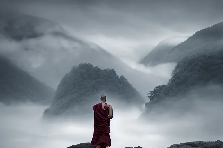 Image similar to beautiful buddhist temple, mountain location, fog, serene, artstation, trending, monk by quentin mabille