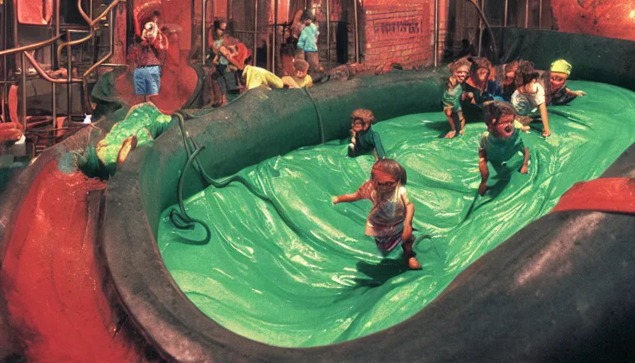 Image similar to 1990s photo of inside the Wacky Mouse Trap Slime Pit ride at Universal Studios in Orlando, Florida, children riding through scary sewer filled with rat monsters and slime, cinematic, UHD