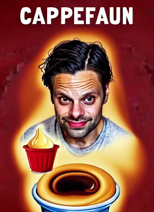 Image similar to highly detailed comedy caper movie poster with flan pudding faced sebastian stan as a sentient flan pudding, sebastian stan face made from flan pudding by greg rutkowski, masterpiece, 1 0 / 1 0