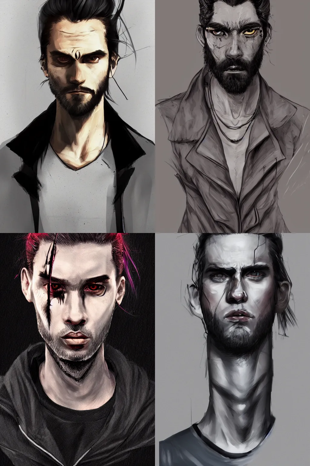 Prompt: adult male, half body portrait, messy manbun, black jacket, glowing eyes, serious expression, artstation, gritty, dark, bad intent, high detailed, digital art