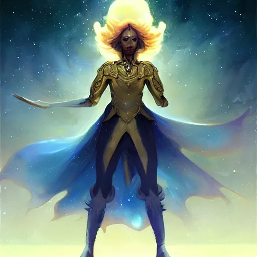 Image similar to cosmic tailor, ethereal, full-body portrait, astral background, science fantasy, portrait, highly detailed, digital painting, artstation, concept art, sharp focus, illustration, art by terese nielsen and greg rutkowski and magali villeneuve, red white and gold color scheme