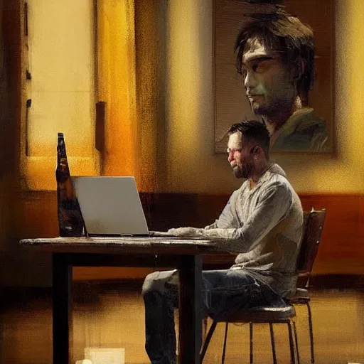 Image similar to a realistic hyperdetailed digital oil full body portrait painting of a man playing on a computer, sitting at a restaurant, beer in hand, in the style of guy denning, ruan jia, and craig mullins. trending on artstation and deviantart. cgsociety digital art.