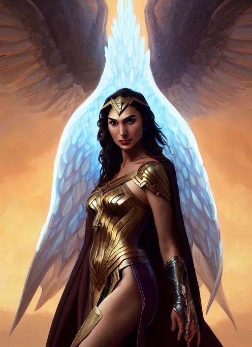 Image similar to gal gadot as an angel, deep focus, d & d, fantasy, intricate, elegant, highly detailed, digital painting, artstation, concept art, matte, sharp focus, illustration, hearthstone, art by artgerm and greg rutkowski and alphonse mucha