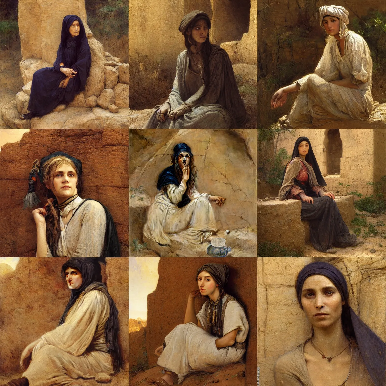 Prompt: orientalism portrait of a witch sitting in a sandstone ruin by theodore ralli and jules bastien - lepage and and nasreddine dinet, hyperrealism, masterful intricate artwork, excellent lighting, high detail 8 k