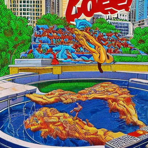 Prompt: big pool sunk in the ground like a damn garbage can, in the style of ron english, in the secondary style of matt bors, by david wojnarowicz, shock art, poster art, 8 k concept art, trending on behance