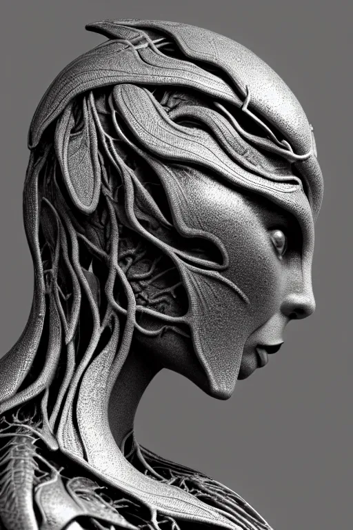 Prompt: bw contrasted close - up profile face, black background, beautiful young porcelain vegetal - dragon - cyborg - female, 1 5 0 mm, beautiful natural soft rim light, silver gold details, magnolia leaves and stems, roots, mandelbot fractal, elegant, ultra detailed, white metallic armour, octane render, h. r. giger style