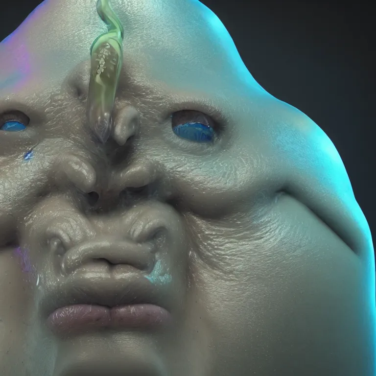 Image similar to octane render portrait by wayne barlow and carlo crivelli and glenn fabry, a deep ocean mariana trench creature made out inflated iridescent plastic and bioluminescence, cinema 4 d, ray traced lighting, very short depth of field, bokeh