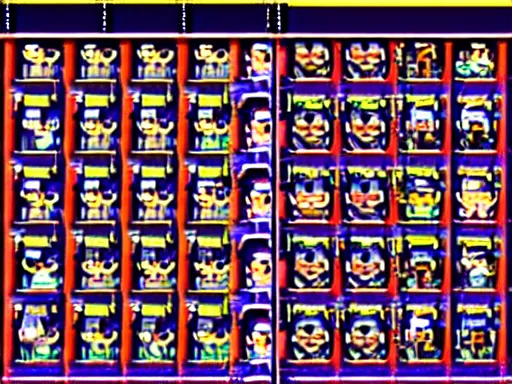 Image similar to screenshot of a 1 9 9 3 1 6 - bit snes mega man game consisting of a grid of 9 framed closeup face portraits of cute evil robots.