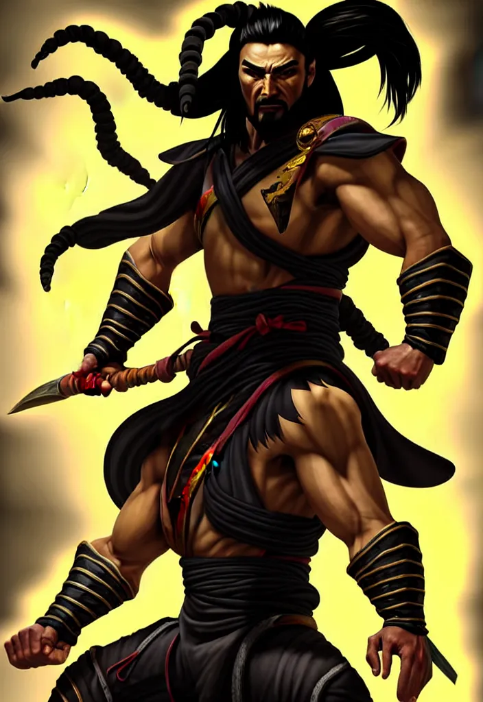 Prompt: full body, full figure portrait of hanzo hasashi scorpion from mortal kombat in the sky, full body shot, camera pulled back far, highly detailed dramatic lighting, artstation, atmospheric perspective, artgerm, mk ninja, epic ninja suit, intense contrast, 3 light sources, by lee bermejo, alphonse mucha and greg rutkowski