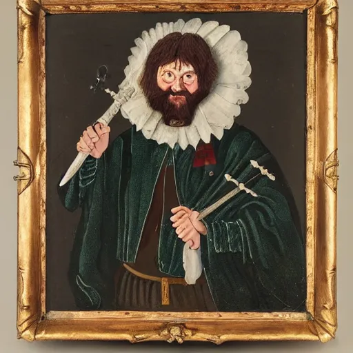 Image similar to a realistic 1 7 th century portrait of harry potter, a man with scottish features and exceptionally large bagpipes wearing quilts and wielding a wand. very pale, with a large pointy nose. hagrid in the background and hedwig on his shoulder