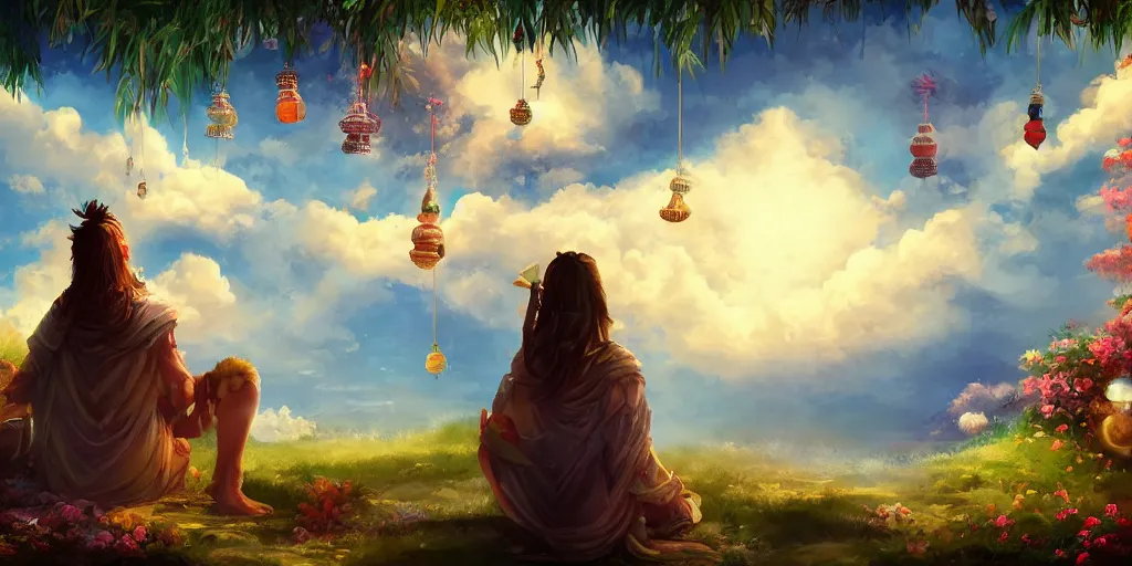 Prompt: painting of wind god enjoying the view from his heavenly palace, decorated with windchimes and paper lanterns, nature and clouds in background, digital art, artstation