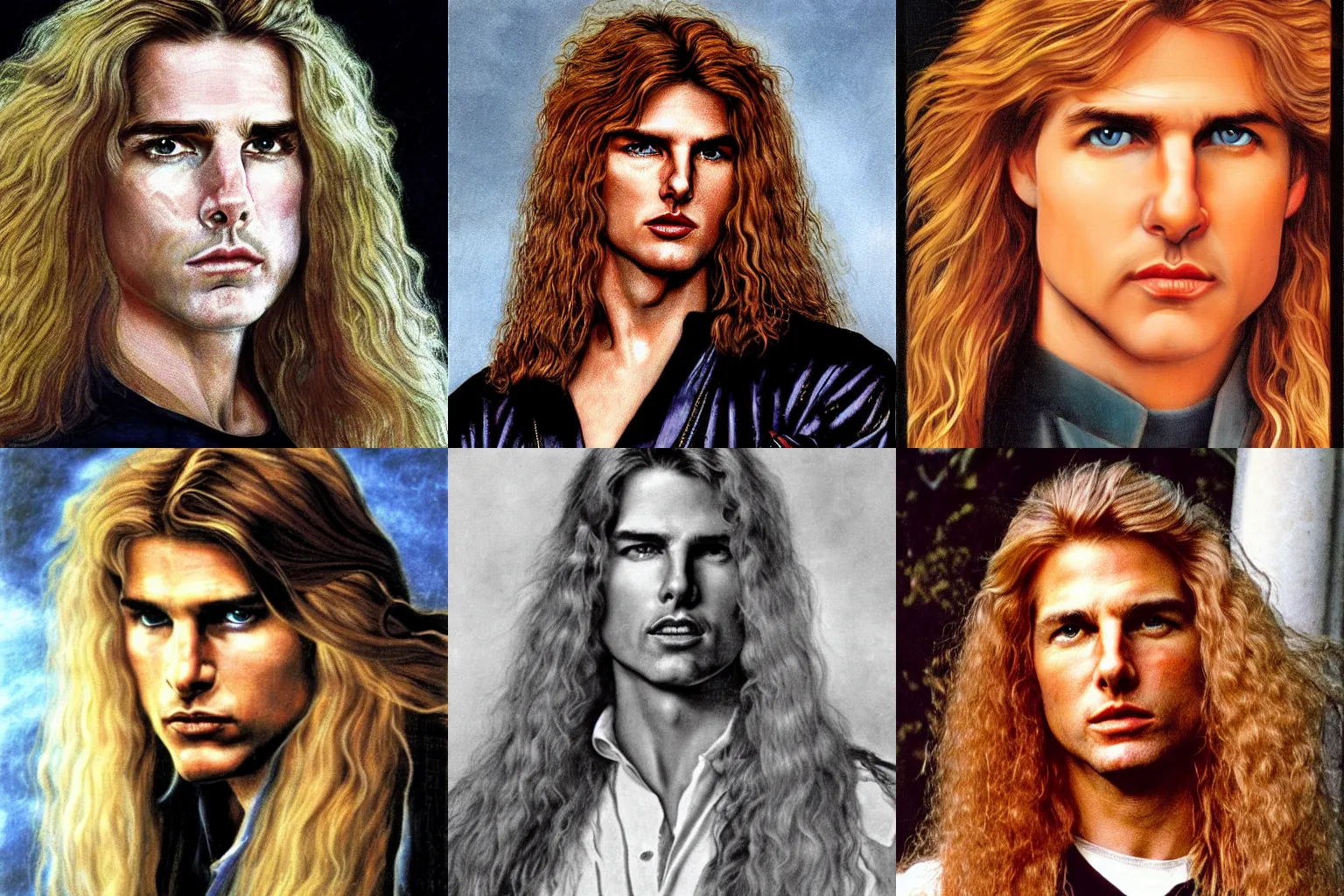 Image similar to Pre-Raphaelite portrait of blonde haired Tom Cruise as the leader of a cult 1980s heavy metal band, with very long blond hair, light blonde hair and grey eyes