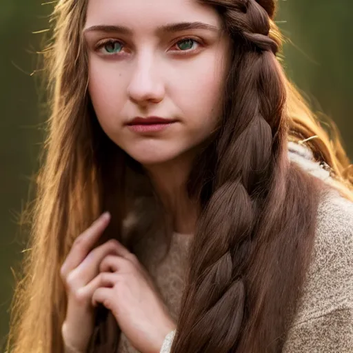 Prompt: real life photo of a beautiful girl, full body photoshoot, long brown hair, twisted braids, brown eyes, full round face, short smile, wool sweater, forest setting, cinematic lightning, medium shot, mid - shot, highly detailed, trending on artstation, unreal engine 4 k, 8 0 mm, 8 5 mm, cinematic wallpaper