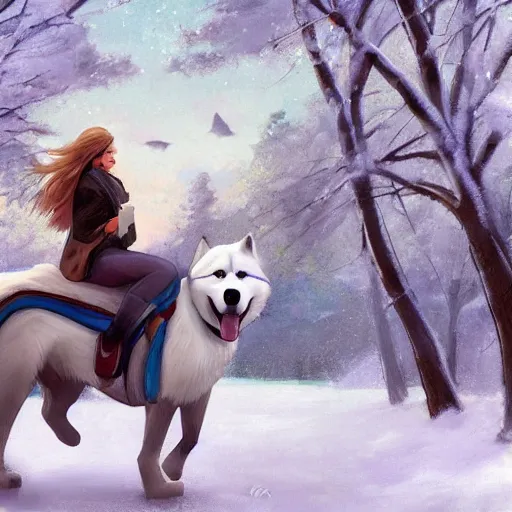 Image similar to girl riding a giant husky in the park, trending on artstation