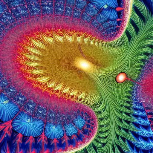 Image similar to Hyper detailed painting of a fractal plasma being covered in endless teeth as it devours the light of creation itself.