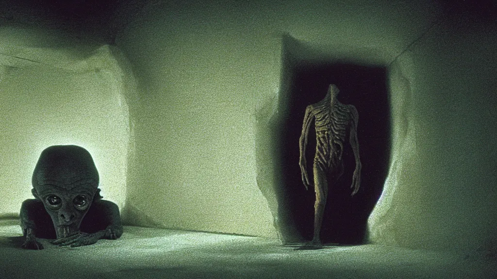 Prompt: the strange creature in the crawlspace, film still from the movie directed by denis villeneuve and david cronenberg with art direction by salvador dali and zdzisław beksinski, long lens