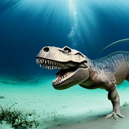 Image similar to t - rex underwater photography and light scattering, water refractions turned out impressive imho,