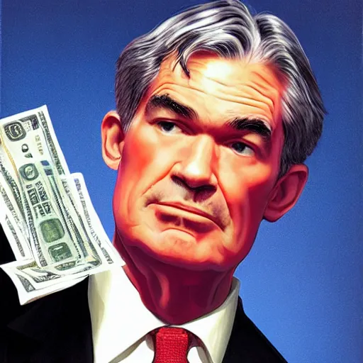 Image similar to jerome powell with a money printer by alex ross