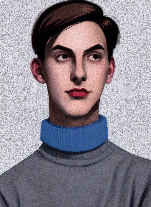 Image similar to portrait of teenage jughead jones wearing a light grey crown, crown, blue turtleneck, 1 9 5 0 s, closed eyes, photorealistic, black hair, glowing lighting, intricate, elegant, glowing lights, highly detailed, digital painting, artstation, concept art, smooth, sharp focus, illustration, art by wlop, mars ravelo and greg rutkowski