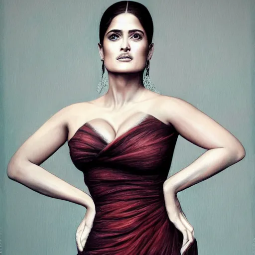 Image similar to fashion pose portrait of salma hayek by stefan kostic, realistic, body shot, sharp focus, 8 k high definition, insanely detailed, intricate, elegant, art by stanley lau and artgerm, cherry blossoms