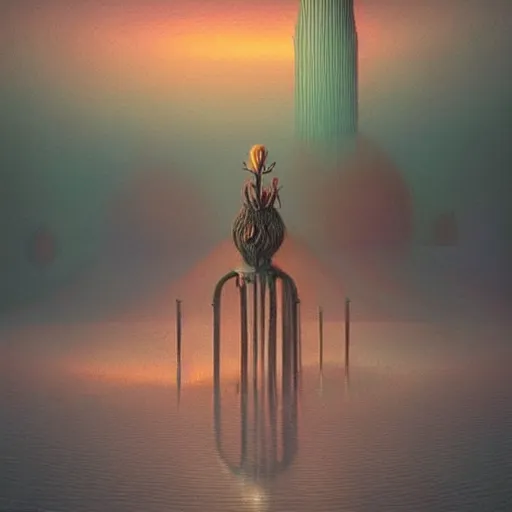 Image similar to strangely beautiful place. digital artwork by vincent bons, michael whelan, beeple, remedios varo and gerardo dottori. grainy and rough. interesting pastel colour palette. beautiful light. oil and water colour based on high quality render. retro.