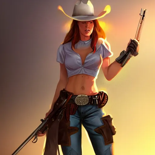 Image similar to full body, female cowgirl, perfect face, long rifle, 8 k, magic the gathering, d & d, artstation