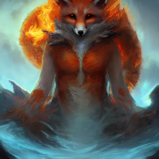 Image similar to anthropomorphic druidic fox in a vortex of flame, 8k resolution matte fantasy painting, cinematic lighting, DeviantArt Artstation, Jason Felix Steve Argyle Tyler Jacobson Peter Mohrbacher