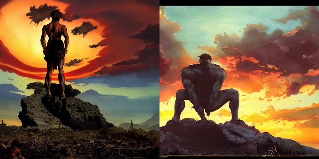 Prompt: dramatic sunset and dramatic sky , lone muscular man on his knees in the middle of the sun , painting by frazetta, low angle perspective, postapocalyptic panorama.asthetics !