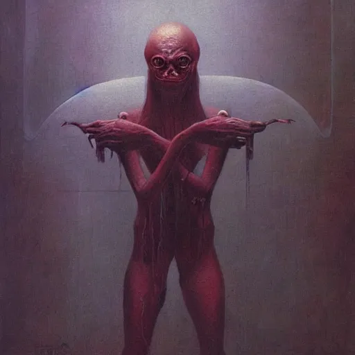 Image similar to a demonic angry alien with long fingers at the foot of the bed, beksinski, dariusz zawadzki