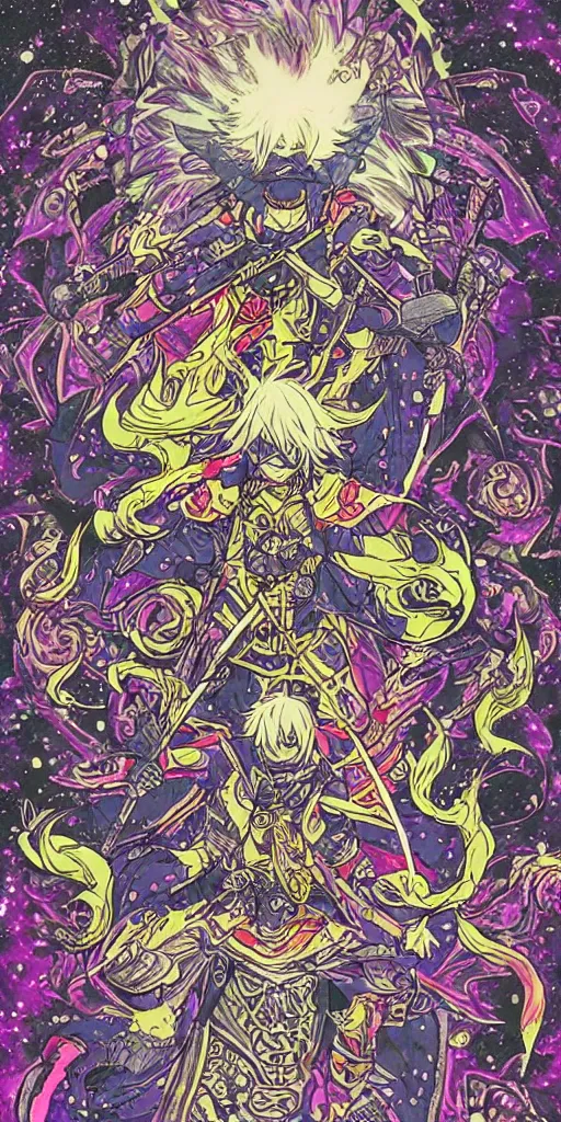 Image similar to a ninja from final fantasy 14, intricate, amazing line work, cosmic, psychedelic, cheerful, colorful, tarot cards,