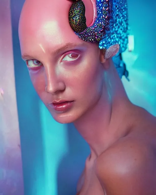 Image similar to natural light, soft focus portrait of a cyberpunk anthropomorphic snail with soft synthetic pink skin, blue bioluminescent plastics, smooth shiny metal, elaborate ornate head piece, piercings, skin textures, by annie leibovitz, paul lehr