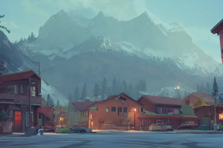 Image similar to cozy town in rocky mountains, matte painting, life is strange concept art, warm light, 3 d cell shading render