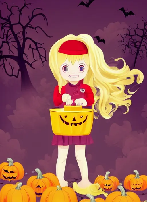 Image similar to three year old girl with long blonde hair in a halloween scene. she is carrying a candy bucket. clean cel shaded vector art. shutterstock. behance hd by lois van baarle, artgerm, helen huang, by makoto shinkai and ilya kuvshinov, rossdraws, illustration, art by ilya kuvshinov