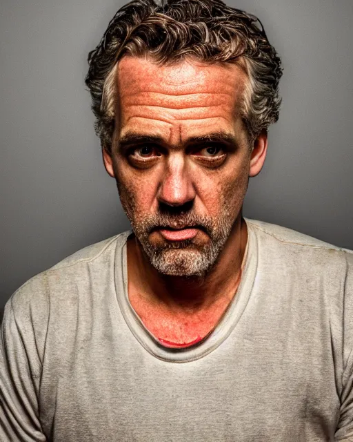 Image similar to prison mugshot of jordan peterson, bright flash, orange prison shirt, low saturation, somber expression, filthy hair, rugged textured face, soft vignette, soft focus, 5 0 mm, 4 k, nypd