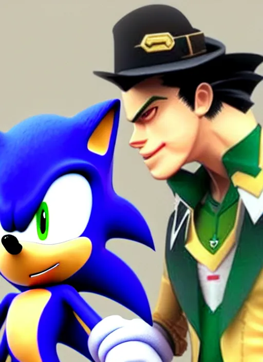 Image similar to sonic the hedgehog and jotaro kujo from jojo's bizarre adventure hanging out, photorealistic