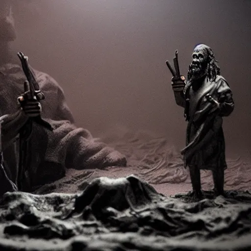 Image similar to the bible apocalypse, extremely detailed claymation art, extremely realistic, dark, moody, foggy