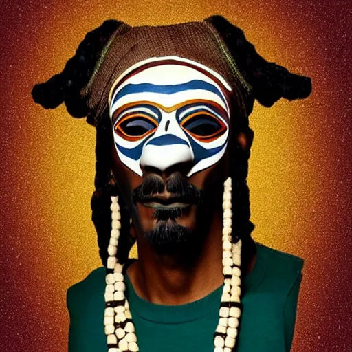 Image similar to African mask resembling snoop dogg, photorealistic